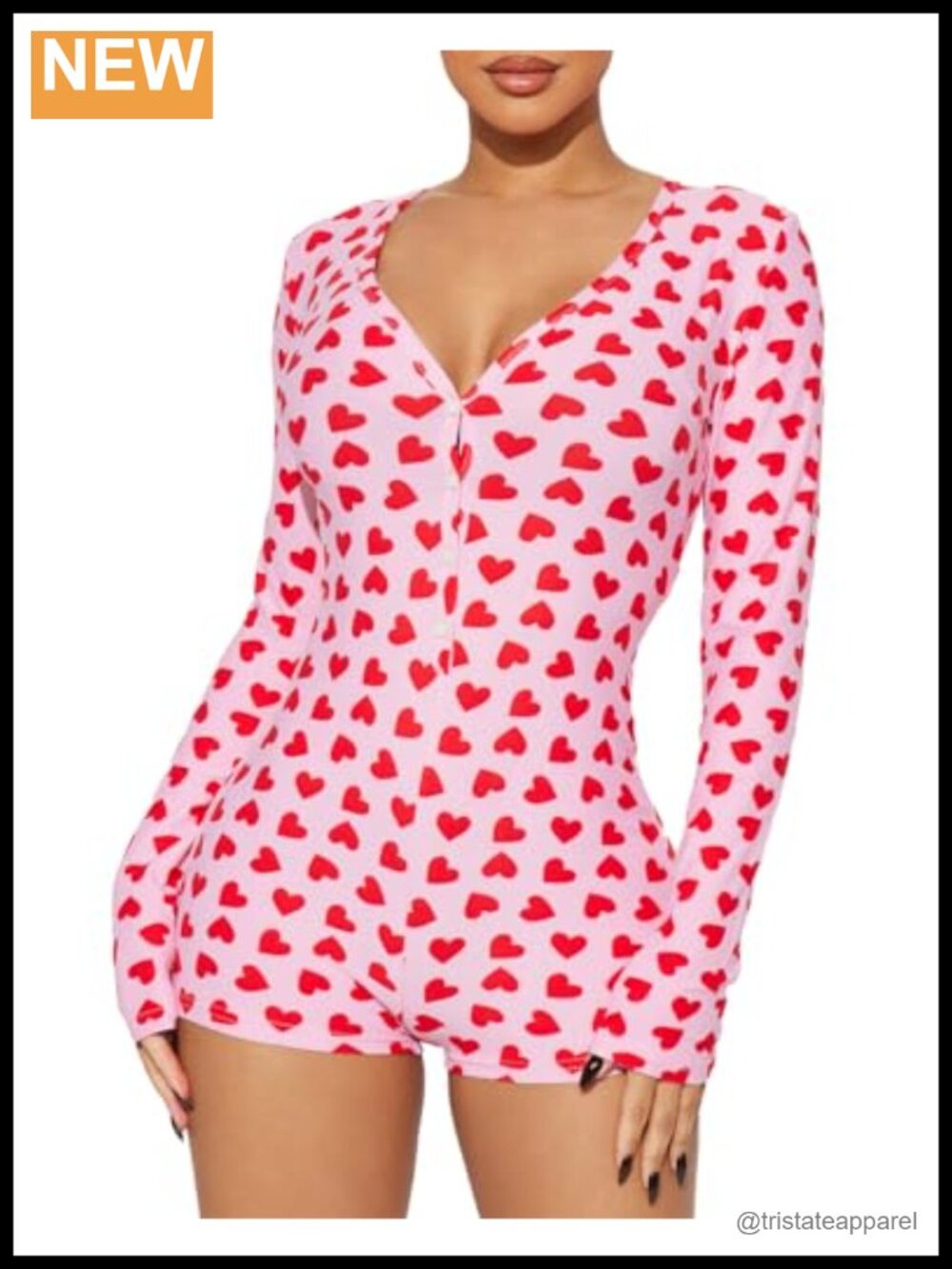 Womens Bodycon Romper Pajama Long Sleeve V Neck Heart Print Sleepwear
